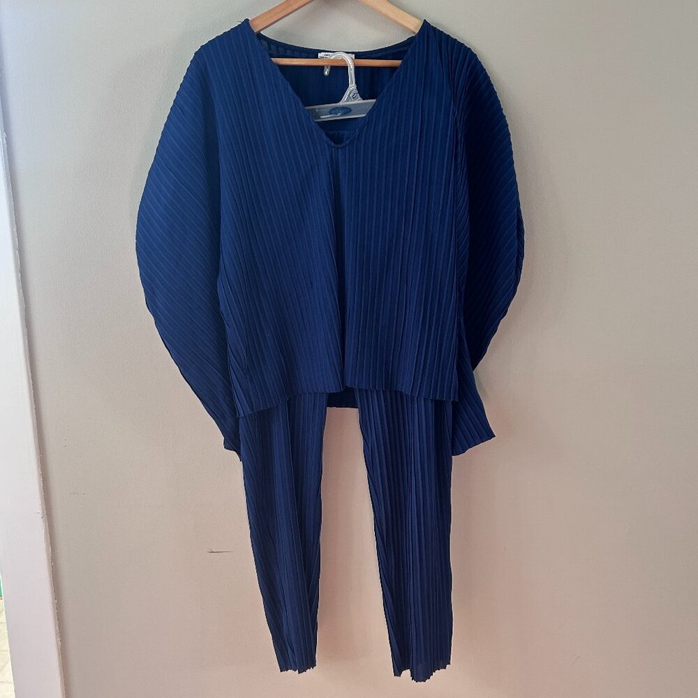 Zara Trafaluc Blue Pleated Top & Trousers Two Piece Set